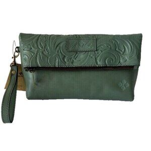 PATRICIA NASH Leath Tooled “Valerie” Wristlet Clutch Fold-Over Pouch Sage Green